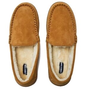 Lands End Mens Size 12 Fuzzy Lined Suede Moccasin Slippers Tan Rubber Sole New